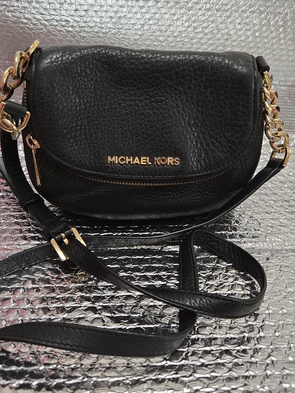Michael Kors Black Pebbled Leather Crossbody with Gold Hardware